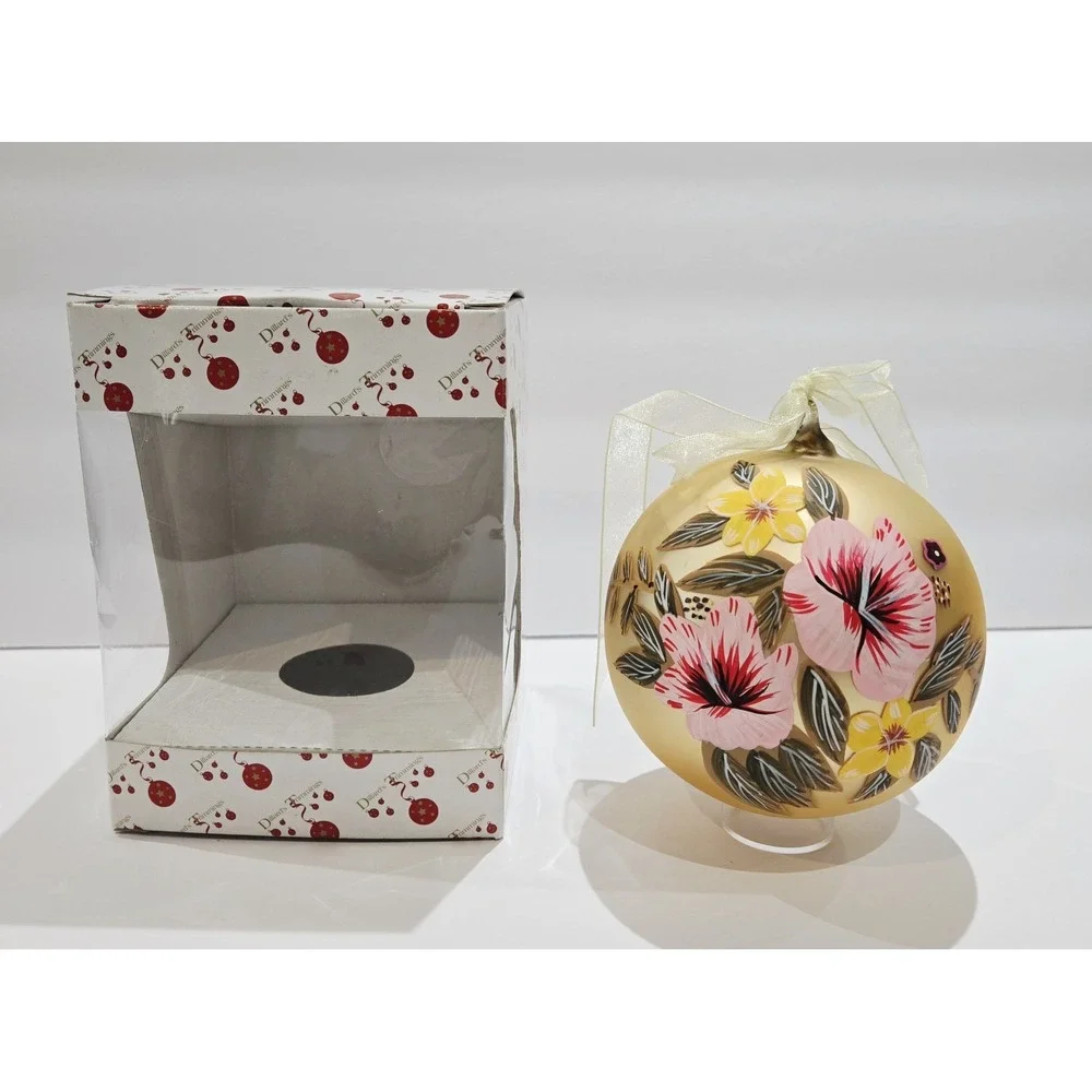 Dillard's Trimmings Hibiscus Floral Hand Painted Glass Christmas Ball Ornament